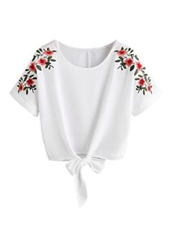 Women's Summer Short Sleeve Crop Top T-Shirt Tie Front Blouse Top