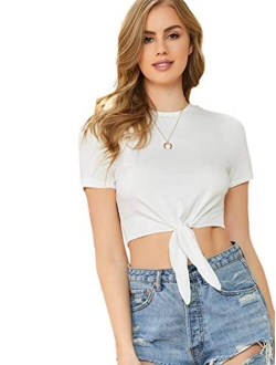 Women's Summer Short Sleeve Crop Top T-Shirt Tie Front Blouse Top