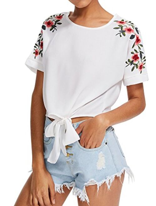 SweatyRocks Women's Summer Short Sleeve Crop Top T-Shirt Tie Front Blouse Top