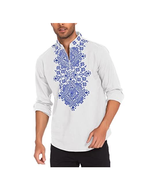 COOFANDY Mens Henley Shirt Long Sleeve Floral Print Casual Zip Up Cotton Beach Party Hippie T Shirt 