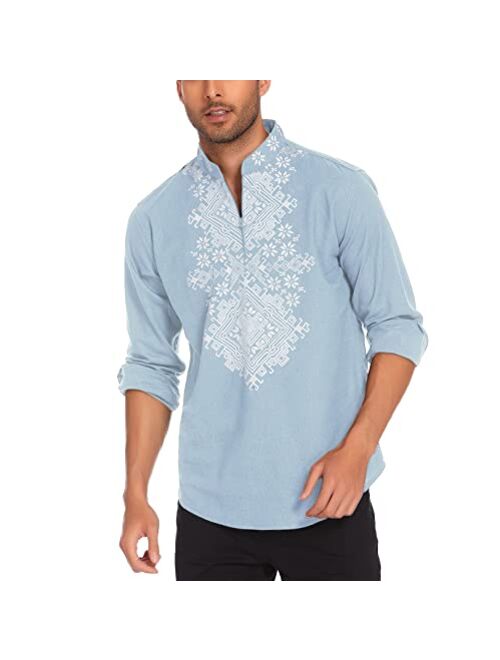 COOFANDY Men's Slim Fit Hippie Shirt Long Sleeve Floral Print Casual Zip Up Cotton Beach Party Henley T Shirt