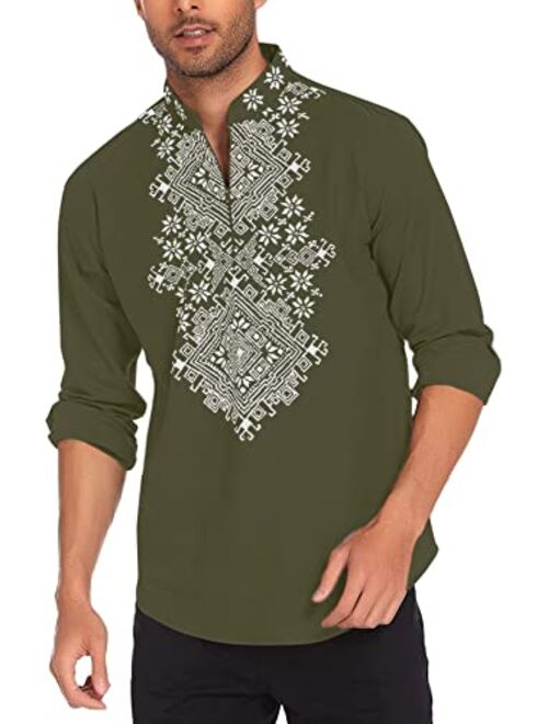 COOFANDY Men's Slim Fit Hippie Shirt Long Sleeve Floral Print Casual Zip Up Cotton Beach Party Henley T Shirt