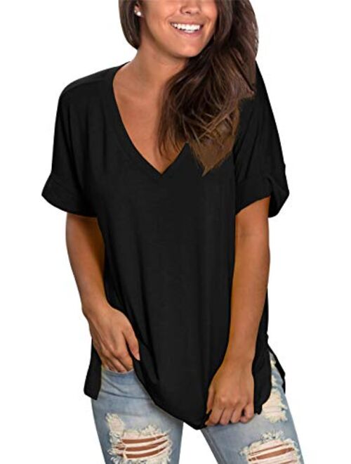 Topstype Womens Summer Short Sleeve T Shirts V Neck Tunic Roll Up Tops Cute Tees Loose Fitted Henley Workout Shirts