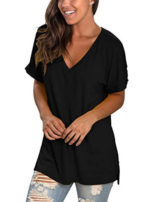 Topstype Womens Summer Short Sleeve T Shirts V Neck Tunic Roll Up Tops Cute Tees Loose Fitted Henley Workout Shirts