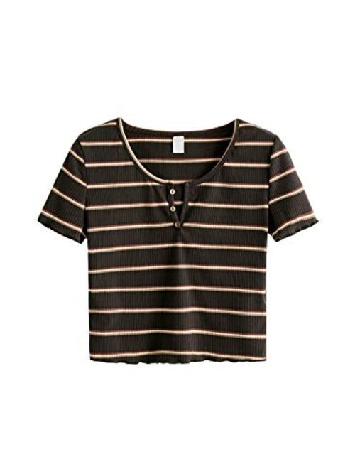 SweatyRocks Women's Basic Short Sleeve V Neck Ribbed Knit Crop Top Tee Shirt