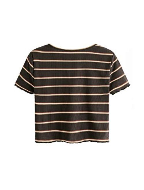 SweatyRocks Women's Basic Short Sleeve V Neck Ribbed Knit Crop Top Tee Shirt