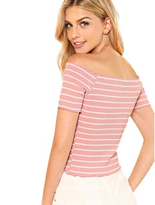 Floerns Women's Off The Shoulder Crop Top Striped T Shirt