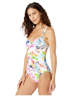 Women's Over The Shoulder Rouched Front Bandeau One Piece Swimsuit