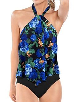 Upopby Women's Sexy High Neck One Piece Swimsuits Halter Flounce Backless Bathing Suits Plus Size Swimwear Monokini