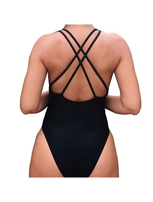 Yarsiman New Women 90s 80s Saying Print Criss Cross Back One Piece Swimsuit High Leg Swimwear Retro Straps Bathing Suit
