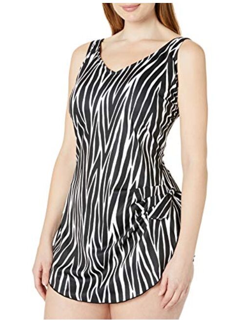 Maxine Of Hollywood Women's Side Tie Wide Strap Sarong Swim Dress One Piece Swimsuit