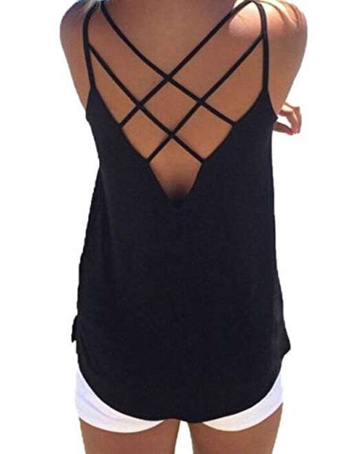 Women's Cute Criss Cross Back Tank Tops Loose Hollow Out Camisole Shirt