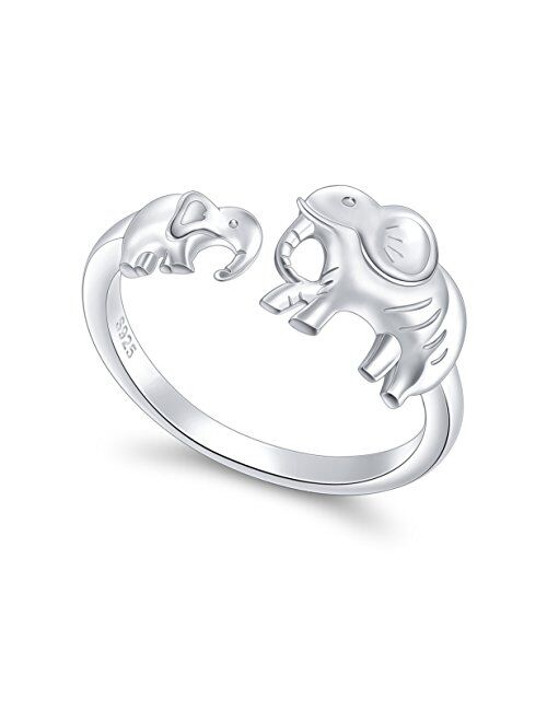 S925 Sterling Silver Elephant Mother Daughter Adjustable Ring for Women Jewelry