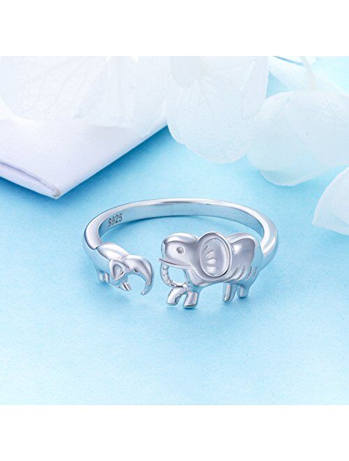 S925 Sterling Silver Elephant Mother Daughter Adjustable Ring for Women Jewelry