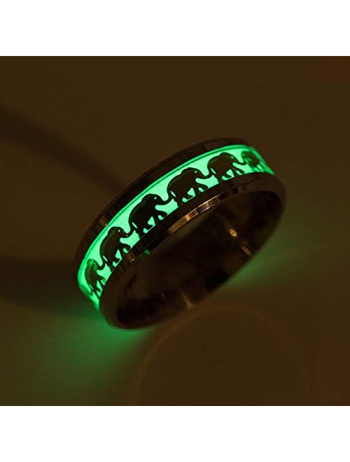 TIDOO Jewelry Vintage Golden Elephant Band Rings for Men Women Luminous Stainless Steel Glow in The Dark
