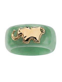 10K Yellow Gold Round Genuine Green Jade Elephant Ring