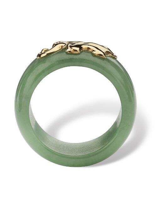 10K Yellow Gold Round Genuine Green Jade Elephant Ring