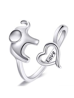 Cute Elephant Open Statement Ring Sterling Silver for Women Girls Engraved Love Adjustable Wrap Animal Expandable Band Lucky Rings