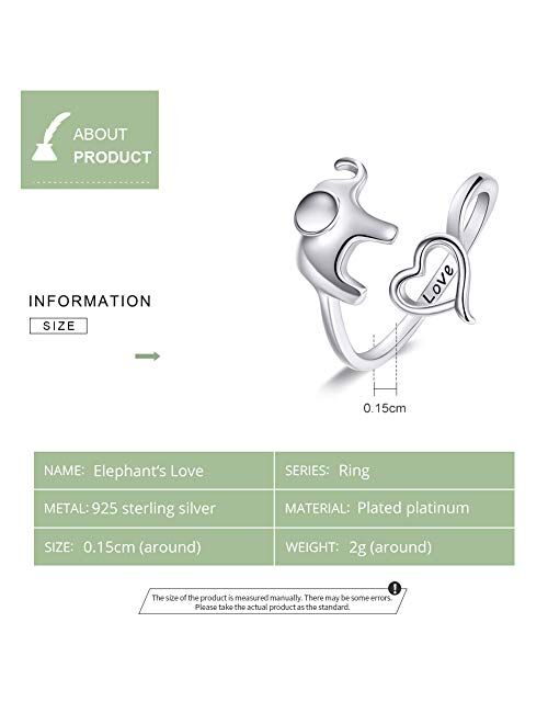Kokoma Cute Elephant Open Statement Ring Sterling Silver for Women Girls Engraved Love Adjustable Wrap Animal Expandable Band Lucky Rings