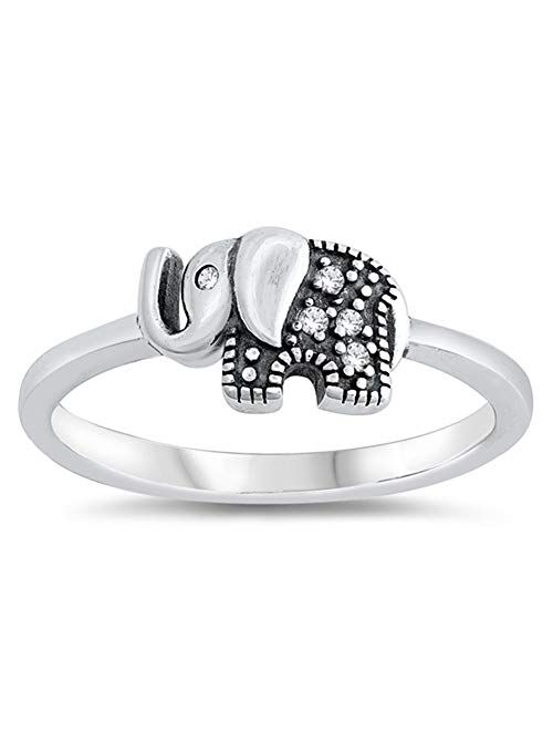 Clear CZ Elephant Animal Fun Girl's Ring New 925 Sterling Silver Band Sizes 4-10