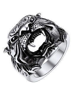 U7 Men's Vintage Costume Finger Band Silver Black Stainless Steel Tiger Head/Skull/Evil Eye/Wolf Ring, Size 7 to 14