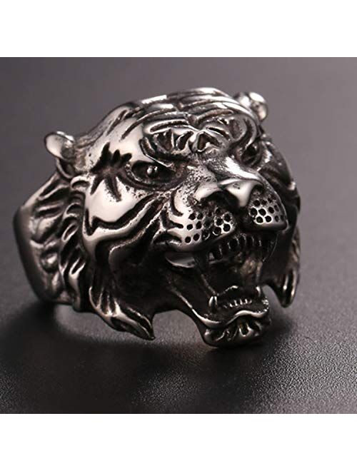 U7 Men's Vintage Costume Finger Band Silver Black Stainless Steel Tiger Head/Skull/Evil Eye/Wolf Ring, Size 7 to 14