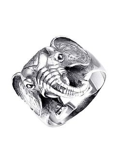 PAMTIER Men's Stainless Steel Silver Black Vintage Animal Elephant Pattern Lucky Ring