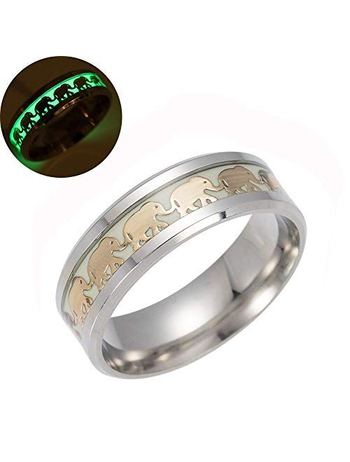 Jewelry Vintage Golden Elephant Band Rings for Men Women Luminous Stainless Steel Glow in The Dark Size 6-13