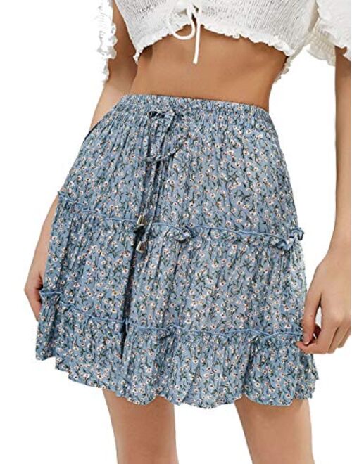 VNDFLAG Women's Summer High Waist Ruffle Tiered Mini Skirt Floral Printed A-line Polka Dot Beach Cute Skirt