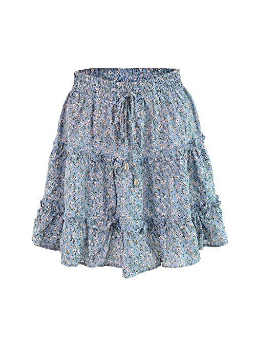 VNDFLAG Women's Summer High Waist Ruffle Tiered Mini Skirt Floral Printed A-line Polka Dot Beach Cute Skirt