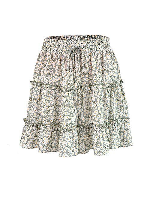 VNDFLAG Women's Summer High Waist Ruffle Tiered Mini Skirt Floral Printed A-line Polka Dot Beach Cute Skirt 