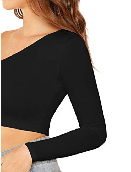 Floerns Women's One Shoulder Long Sleeve Tee Shirt Crop Tops