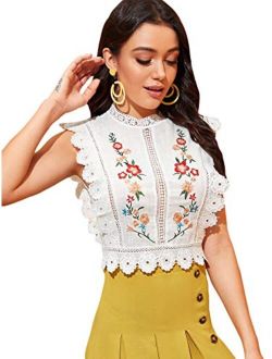 Women's Mock Neck Guipure Lace Trim Embroidery Blouse Tops