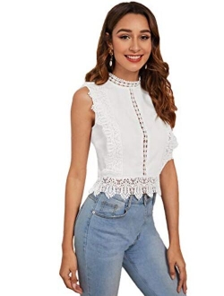 Women's Mock Neck Guipure Lace Trim Embroidery Blouse Tops