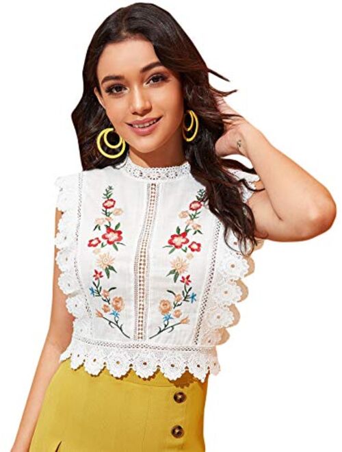Floerns Women's Mock Neck Guipure Lace Trim Embroidery Blouse Tops