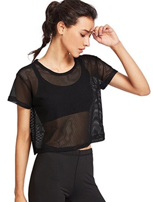 SweatyRocks Women's Sexy Sheer Mesh Fishnet Net Short Sleeve T-Shirt Crop Top