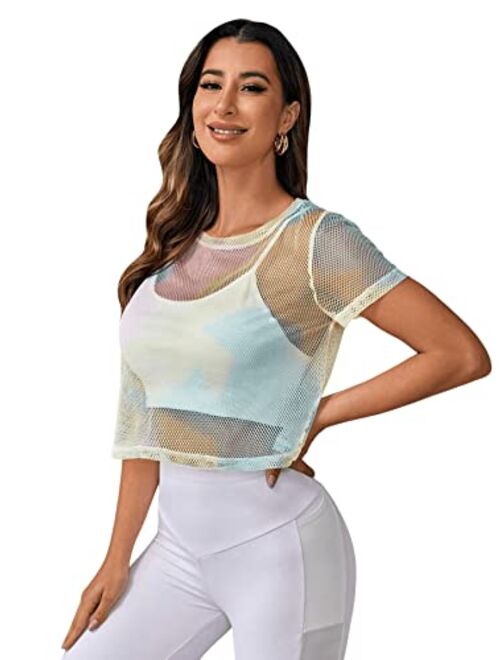 SweatyRocks Women's Sexy Sheer Mesh Fishnet Net Short Sleeve T-Shirt Crop Top