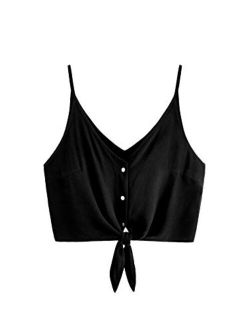 Women's Casual V Neck Button Seft Tie Front Crop Cami Tops Camisole