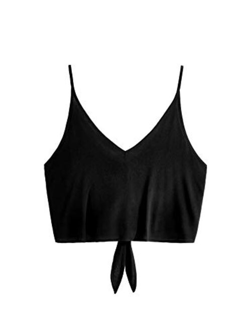 MAKEMECHIC Womens Casual V Neck Button Seft Tie Front Crop Cami Tops Camisole