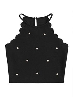 Women's Solid Halter Neck Cami Scallop Trim Workout Crop Top