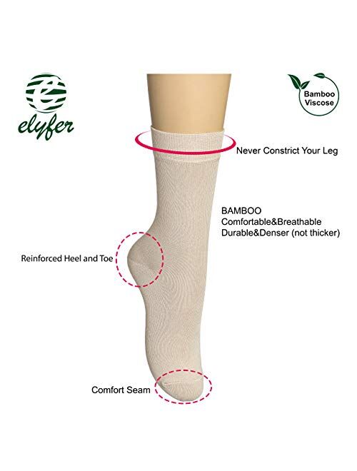 ELYFER Women's 3 Pack Thin Bamboo Dress Socks- Casual Color Crew Socks, Comfort Seam