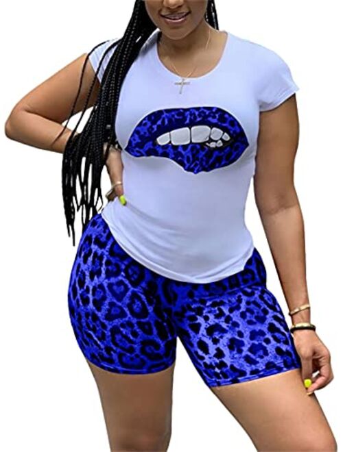 Elosele Women 2 Piece Outfit Short Sleeve Red Lip Leopard Tongue Print T-Shirt Bodycon Shorts Set Tracksuit Jumpsuit