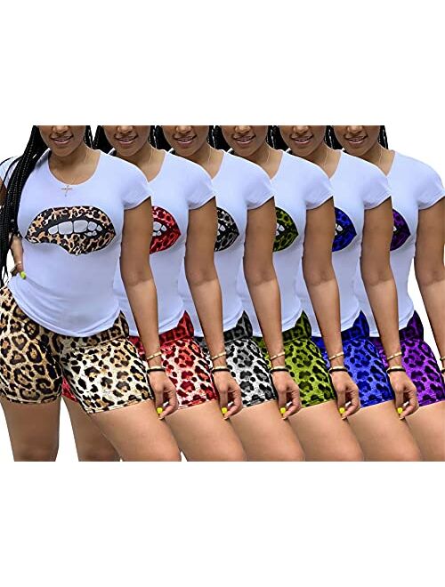 Elosele Women 2 Piece Outfit Short Sleeve Red Lip Leopard Tongue Print T-Shirt Bodycon Shorts Set Tracksuit Jumpsuit