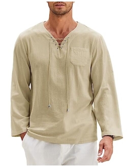 Mens Cotton Linen Shirts Lace Up Casual Beach Hippie Tee Shirts V Neck