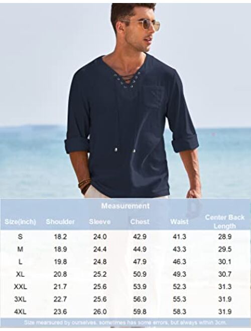 COOFANDY Mens Cotton Linen Shirts Lace Up Casual Beach Hippie Tee Shirts V Neck