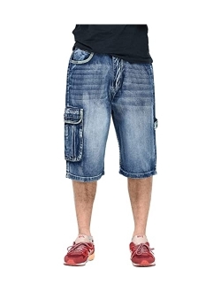 Men's Hip Hop Loose-Fit Straight Leg Capri Jeans Denim Cargo Shorts
