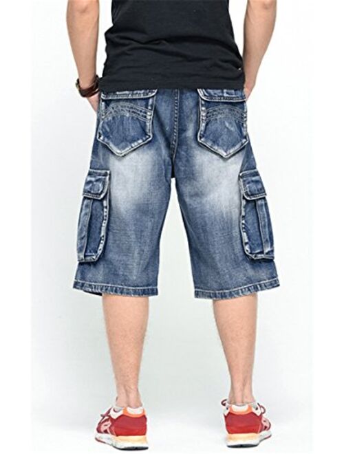 chouyatou Men's Hip Hop Loose-Fit Straight Leg Capri Jeans Denim Cargo Shorts