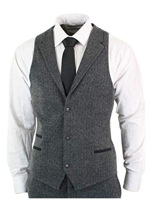 TruClothing Mens Grey Black 3 Piece Tweed Suit Herringbone Wool Vintage Retro Peaky Blinders Charcoal 44
