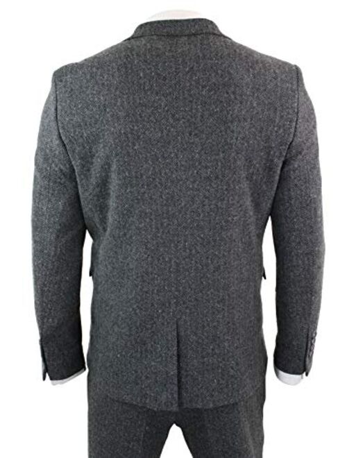 TruClothing Mens Grey Black 3 Piece Tweed Suit Herringbone Wool Vintage Retro Peaky Blinders Charcoal 44
