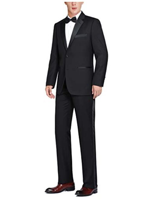 CHAMA Mens Black Single Breasted Two Button Satin Notched Lapel Classic Fit Tuxedo Suit